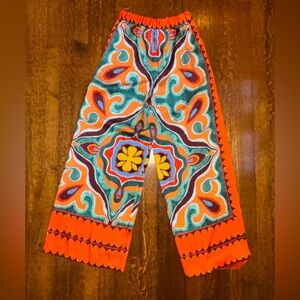 Zara women’s drawstring, wide leg, Orange Multicolor, Boho Patterned Pants, XS.